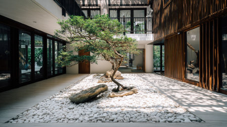 Experience the serene beauty of a zen garden featuring a bonsai tree, elegant wooden structures, and white stones, providing a peaceful atmosphere perfect for relaxation.の素材