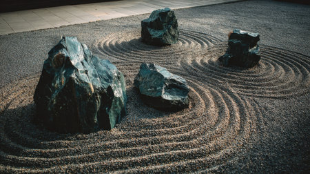 A peaceful zen garden featuring carefully arranged rocks and intricate sand patterns, creating a serene atmosphere perfect for meditation and relaxation.の素材