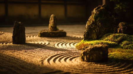 A serene portrayal of a Zen garden featuring circular sand patterns with natural stones and lush green moss, illuminated by soft golden light during sunset.の素材