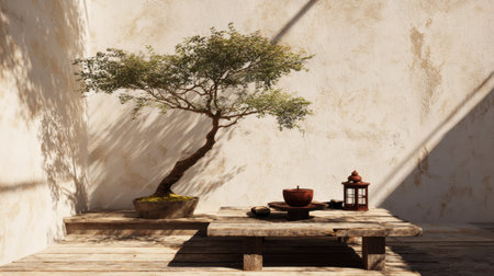 A tranquil bonsai tree rests on a rustic wooden table in a minimalist setting, enveloped by soft shadows and warm sunlight, perfect for creating a relaxing atmosphere.の素材