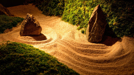 A serene zen garden scene featuring rippled sand, moss-covered rocks, and smooth stones, creating a tranquil atmosphere ideal for meditation, relaxation, and mindfulness.の素材