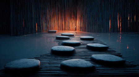 A serene Zen scene featuring a stone pathway across still water, illuminated by warm light. The bamboo walls create a tranquil space perfect for meditation and relaxation.の素材