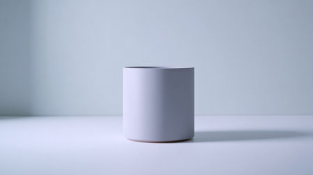A minimalistic white cylinder container sits on a clean table, highlighted by soft lighting and gentle shadows, perfect for stylish home or office decor settings.の素材