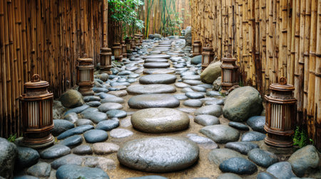 This serene pathway features smooth stones, bamboo fences, and beautifully arranged lanterns. Perfect for relaxation and showcasing natural beauty in garden design.の素材