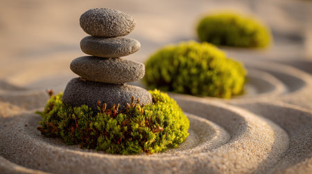 A serene zen garden featuring a stack of smooth stones surrounded by vibrant green moss and intricately raked sand patterns, perfect for promoting relaxation and peace.の素材