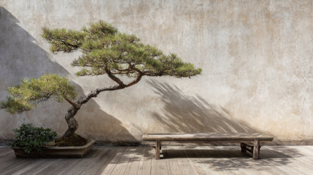 A beautifully shaped bonsai tree sits next to a wooden bench, casting delicate shadows on a textured wall, evoking tranquility and serenity for garden themes.の素材