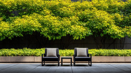 This image showcases a modern outdoor seating area featuring two stylish armchairs and a coffee table, embraced by lush greenery, creating a serene escape.の素材