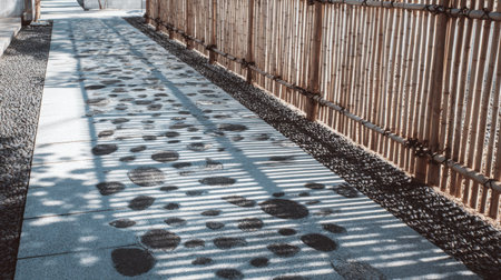 A serene pathway showcases a beautiful bamboo fence and an interplay of shadows, creating a peaceful atmosphere ideal for relaxation and contemplation in a garden setting.の素材
