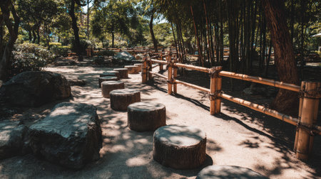 Explore a peaceful outdoor park featuring a serene walking path surrounded by lush greenery, logs, rocks, and gentle sunlight filtering through the trees.の素材