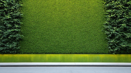 A vibrant green wall of foliage creates a serene and refreshing atmosphere in an urban setting, complemented by a clean, modern pavement, perfect for city parks.の素材