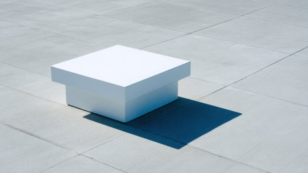 A striking minimalist geometric white structure rests on a concrete surface, casting soft shadows under bright daylight, embodying modern design and artistic simplicity.の素材