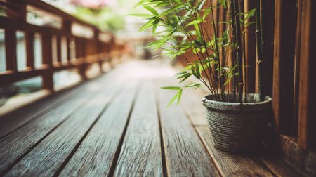 A serene outdoor scene featuring a wooden deck with a bamboo plant gracefully placed in a pot. The soft focus invites relaxation and tranquility in a natural setting.の素材