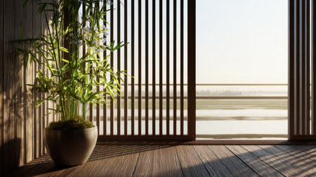 Explore a modern Japanese room featuring sliding doors, an indoor bamboo plant, and breathtaking nature views that evoke tranquility and serenity at sunrise.の素材