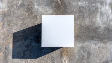 A clean and minimalist white cube rests on a textured concrete surface, casting a long shadow. This artistic image showcases simplicity and modern design aesthetics.の素材