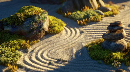A serene zen garden featuring intricately raked sand patterns, smooth stones, and vibrant moss, capturing the essence of tranquility and natural beauty.の素材