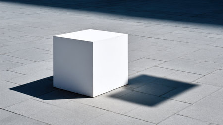 A striking minimalist white cube positioned on gray pavement, creating a soft shadow. The image evokes serenity, simplicity, and modern aesthetics, perfect for artistic projects.の素材