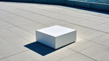 This image features a simple white block resting on a rooftop, showcasing minimalist design. Natural light creates soft shadows, emphasizing the clean lines and serene atmosphere.の素材
