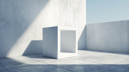 A serene architectural scene showcasing a minimalistic white cube structure illuminated by soft natural light, creating an atmosphere of tranquility and simplicity.の素材