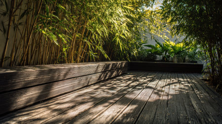 A tranquil bamboo garden featuring a wooden deck illuminated by sunlight casting soft shadows, creating a serene atmosphere perfect for relaxation and connection with nature.の素材