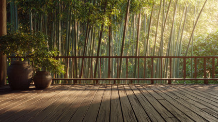 Beautiful wooden deck overlooking a serene bamboo forest, where sunlight filters through vibrant foliage, creating a peaceful and calm ambiance for relaxation.の素材