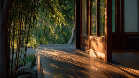Discover a serene pathway featuring a wooden doorway bathed in warm evening light, surrounded by lush greenery and bamboo, creating a peaceful outdoor retreat.の素材