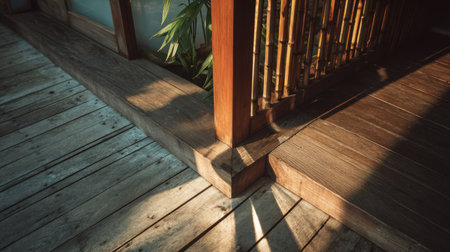Explore the intricate details of a wooden deck corner illuminated by soft sunlight, featuring bamboo elements that create a serene and harmonious space. Perfect for relaxation.の素材