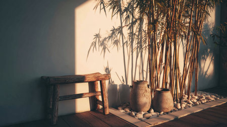 Discover a serene indoor scene featuring bamboo, rustic bench, and pottery highlighted by soft evening light. Perfect for creating a calming atmosphere in home designs.の素材