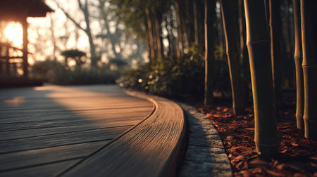 A soft-lit wooden pathway curves through a serene bamboo forest at dusk, showcasing a perfect blend of natural beauty and peaceful ambiance, ideal for relaxation.の素材