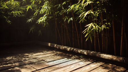 A serene bamboo garden scene featuring soft sunlight filtering through lush leaves and casting gentle shadows on a rustic wooden floor, evoking peace.の素材