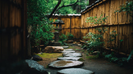 A serene view of a stone pathway meandering through a lush Japanese garden. The bamboo fencing enhances the tranquility, inviting relaxation and reflection.の素材