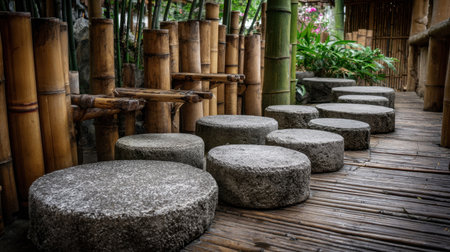A tranquil garden pathway showcasing round stone slabs surrounded by bamboo and lush greenery, perfect for creating a peaceful outdoor space for relaxation.の素材