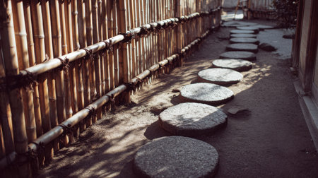 Experience tranquility in this serene Zen garden, featuring stone stepping stones and a natural bamboo fence, bathed in soft sunlight, offering a peaceful outdoor escape.の素材