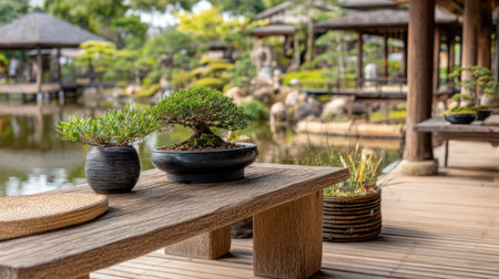 Beautiful Japanese garden featuring delicate bonsai trees on a wooden table, surrounded by calm water and lush greenery, evoking peace and inspiration.の素材