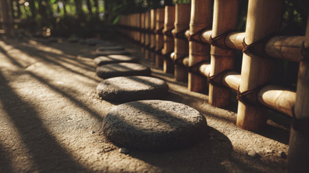 Experience tranquility in this charming garden pathway featuring round stones nestled beside bamboo fencing, illuminated by soft morning light and gentle shadows.の素材