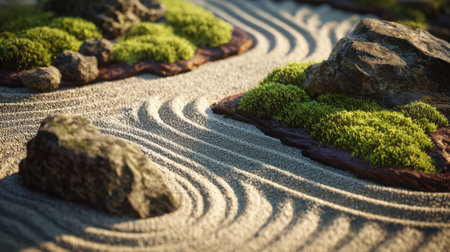 A serene zen garden featuring intricate sand patterns, smooth stones, and lush green moss, creating a peaceful atmosphere ideal for relaxation and mindfulness.の素材