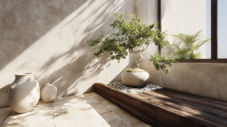 A serene indoor setting showcasing a bonsai tree, natural light, and minimalist decor, creating a peaceful atmosphere ideal for relaxation and reflection.の素材