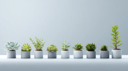 A beautiful arrangement of various green plants in modern pots on a minimalist surface. Ideal for indoor decor or gardening inspiration that enhances serene environments.の素材