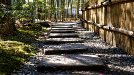 Explore a tranquil pathway through a lush bamboo garden featuring smooth stone steps. This peaceful outdoor scene invites relaxation and contemplation amidst nature.の素材