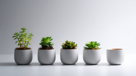 A vibrant display of assorted green plants in minimalist pots arranged on a clean surface, showcasing the beauty of nature and modern interior design trends.の素材