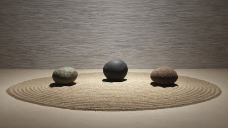 This captivating image features three stones arranged on a circular sand pattern, emphasizing minimalist design and evoking a sense of peace and tranquility in modern spaces.の素材