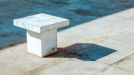 A striking minimalist concrete table creates a unique visual by casting a sharp shadow on a textured sunlit surface, highlighting simplicity and design.の素材