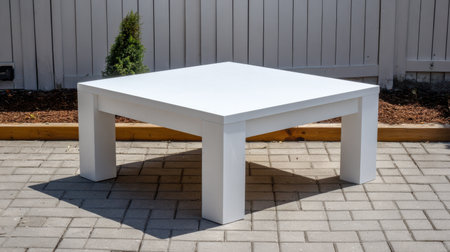 A sleek white square table sits on a paved patio, ideal for outdoor gatherings. Surrounded by greenery, this modern piece invites dining and relaxation in natural light.の素材