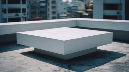 A minimalist architectural feature on a rooftop with a clean, white concrete surface surrounded by an urban cityscape, enhanced by natural light and shadows.の素材
