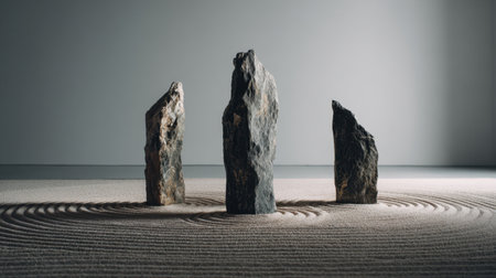 A serene zen garden featuring three distinct rock monoliths placed thoughtfully in raked sand, embodying tranquility and minimalistic beauty, perfect for meditation spaces.の素材