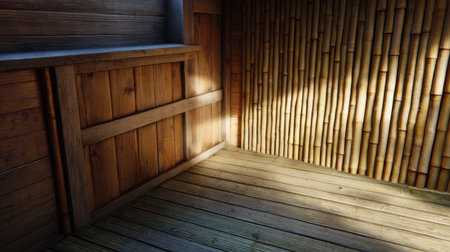 Discover the charm of a rustic room featuring warm wooden textures and a bamboo wall, with natural light creating a serene and inviting atmosphere.の素材