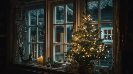 A serene Christmas scene featuring a beautifully decorated tree next to a window, glowing softly with lights and surrounded by candles, creating a cozy festive ambiance.の素材