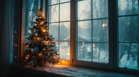 A charming winter scene featuring a beautifully decorated Christmas tree beside frosted windows, showcasing serene snowfall outside, evoking a cozy holiday atmosphere.の素材