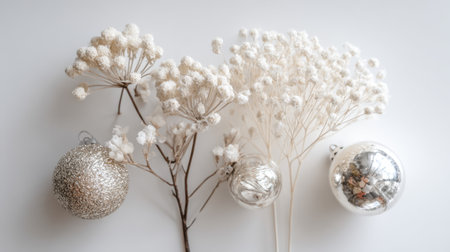 A serene and stylish composition featuring white dried flowers alongside shiny Christmas ornaments, creating a perfect accent for holiday themed spaces or events.の素材