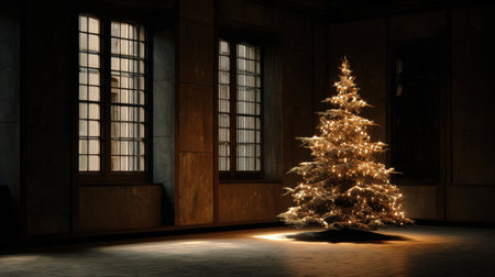 A beautifully decorated Christmas tree stands in a dimly lit room, with warm lights glowing softly, creating a serene and inviting holiday ambiance.の素材