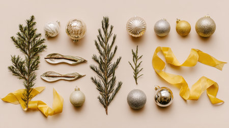 A beautifully arranged collection of Christmas decorations featuring gold and silver ornaments, green sprigs, and yellow ribbons on a soft beige background, perfect for festive themes.の素材